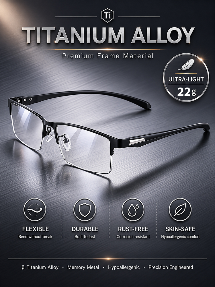 【Adaptive Smart Vision】👓Ultra-light Titanium Alloy Smart Photochromic Half-frame Reading Glasses- Instantly adapts to presbyopia, myopia & astigmatism. No eye exam!