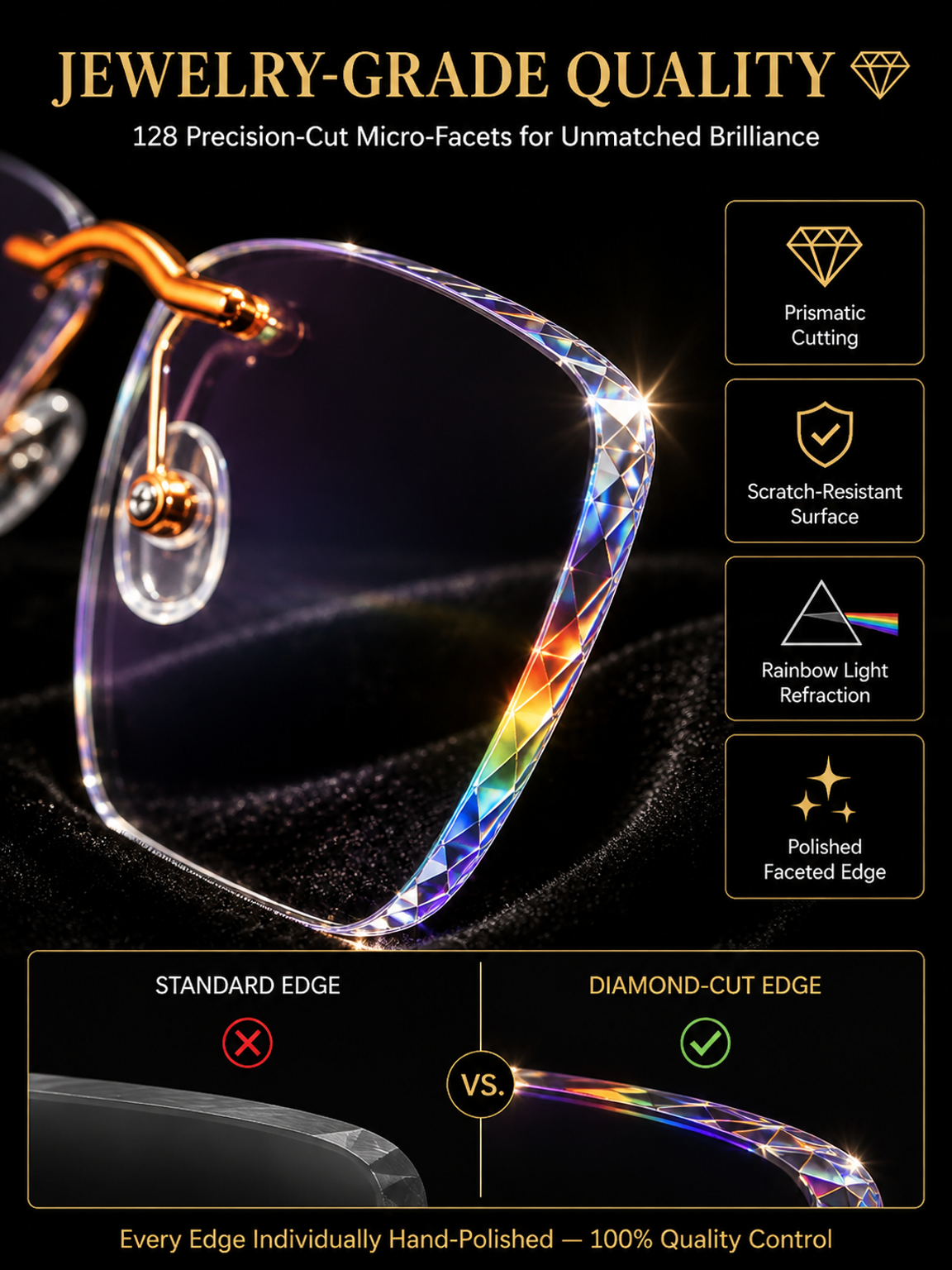 【North America Exclusive】Fashion Rimless Diamond-Cut Pattern Glasses-No eye exam needed • Lifetime use • Auto-focus from -4.0° to +7.0° 