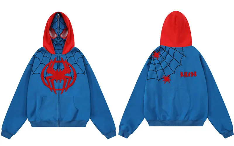 Hip Hop Double Layer Mask Zipper Hoodie Coat Y2K Embroidery Spider Web Full Zip Up Sweatshirt 2024 Harajuku Punk Jacket Hoodie