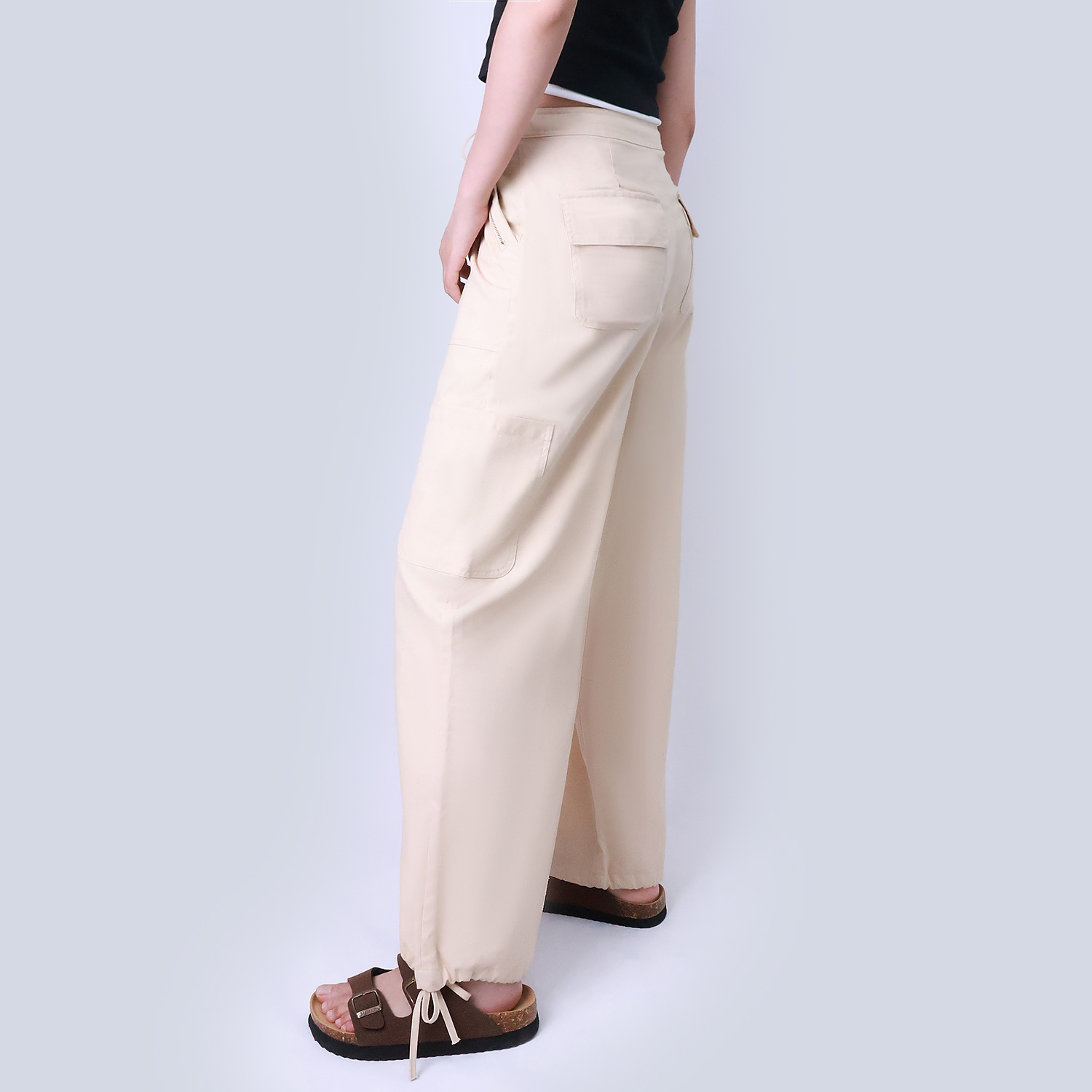 Pwest Women's Adjustable Stretchy Linen-Blend Wide-Leg Cargo Pant