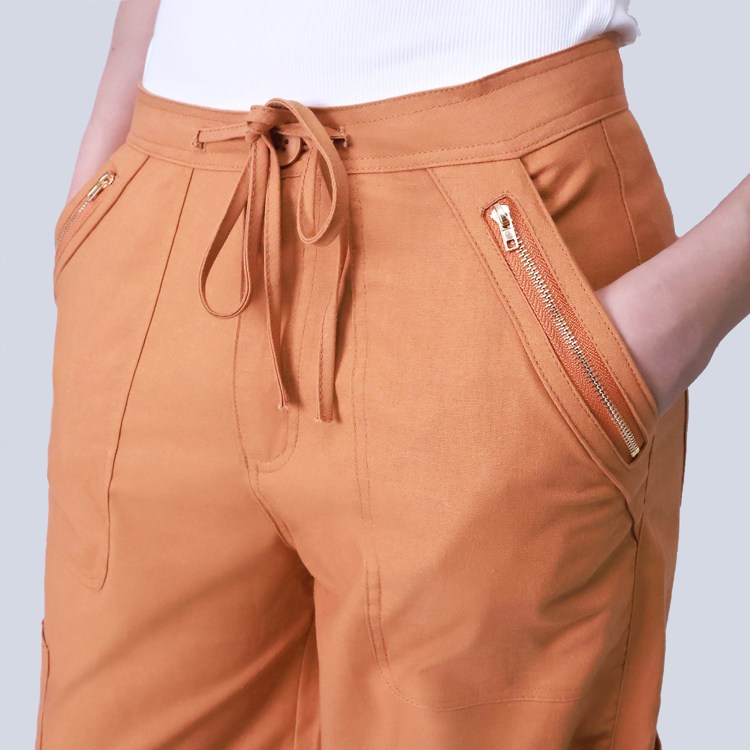 Pwest Women's Adjustable Stretchy Linen-Blend Wide-Leg Cargo Pant