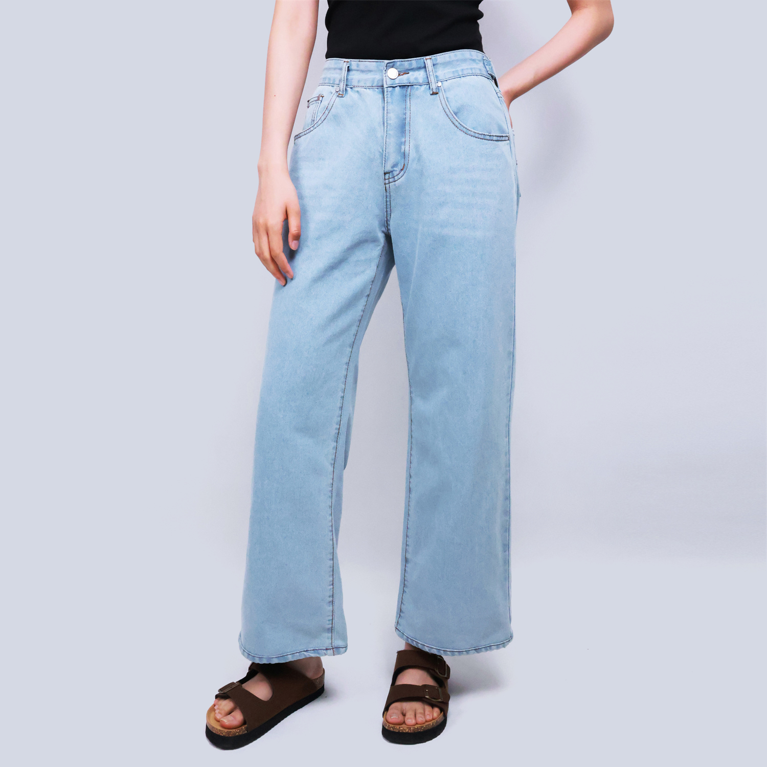 Pwest High Rise Womens Adjustable Button Casual Cinch Baggy Straight Leg Jeans