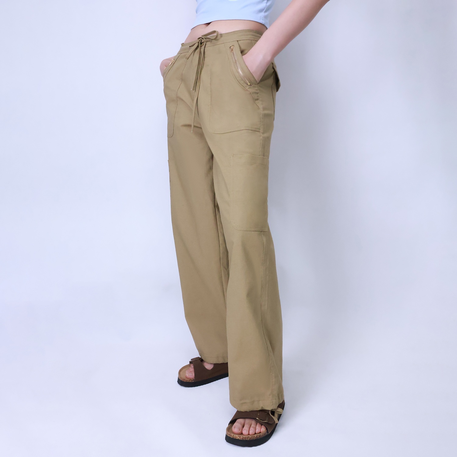 Pwest Women's Adjustable Stretchy Linen-Blend Wide-Leg Cargo Pant