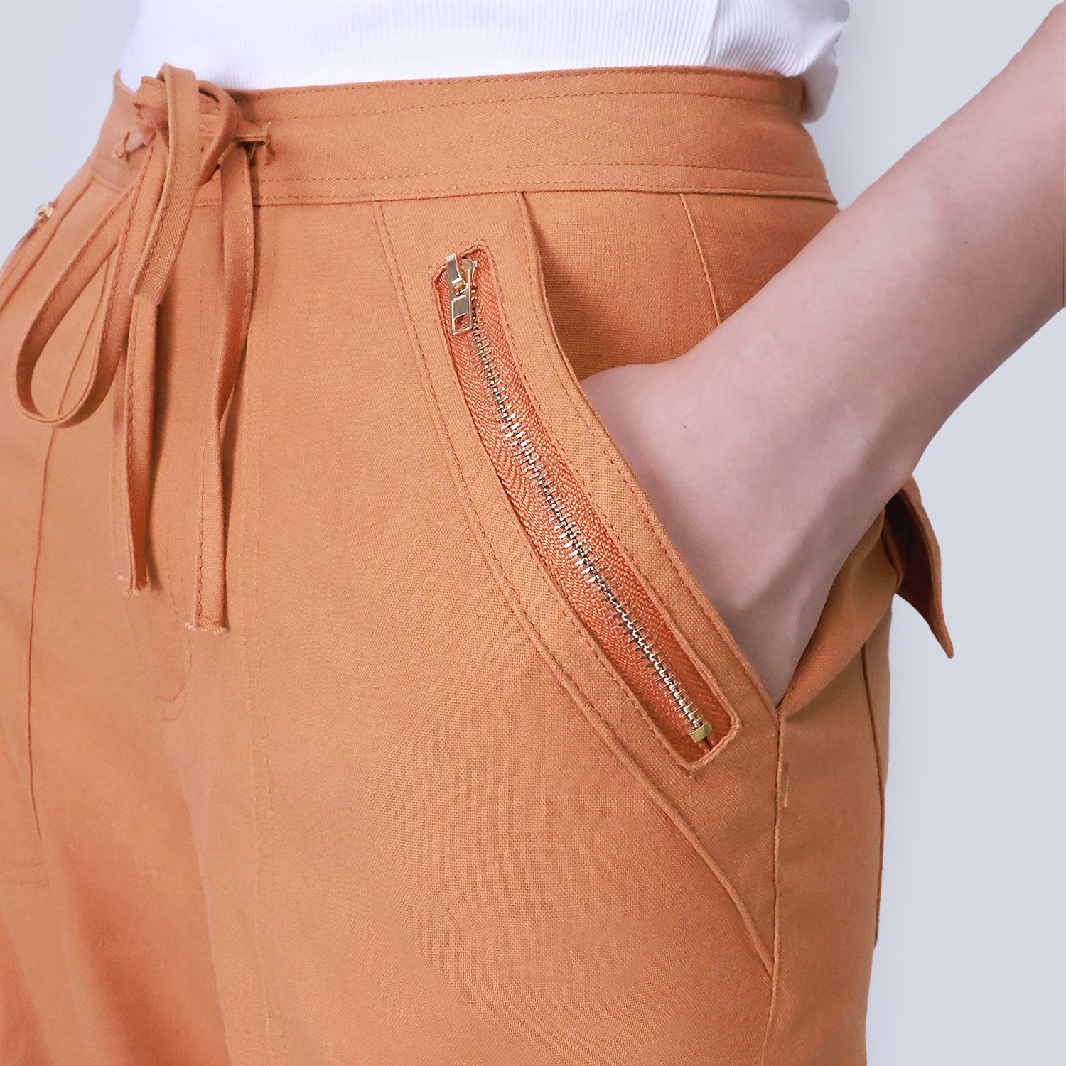 Pwest Women's Adjustable Stretchy Linen-Blend Wide-Leg Cargo Pant