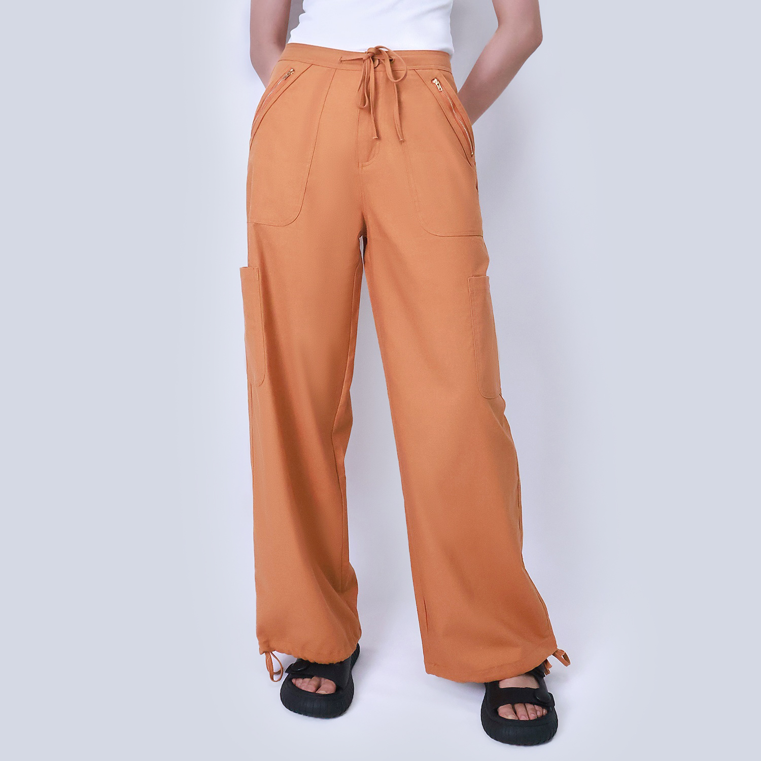 Pwest Women's Adjustable Stretchy Linen-Blend Wide-Leg Cargo Pant