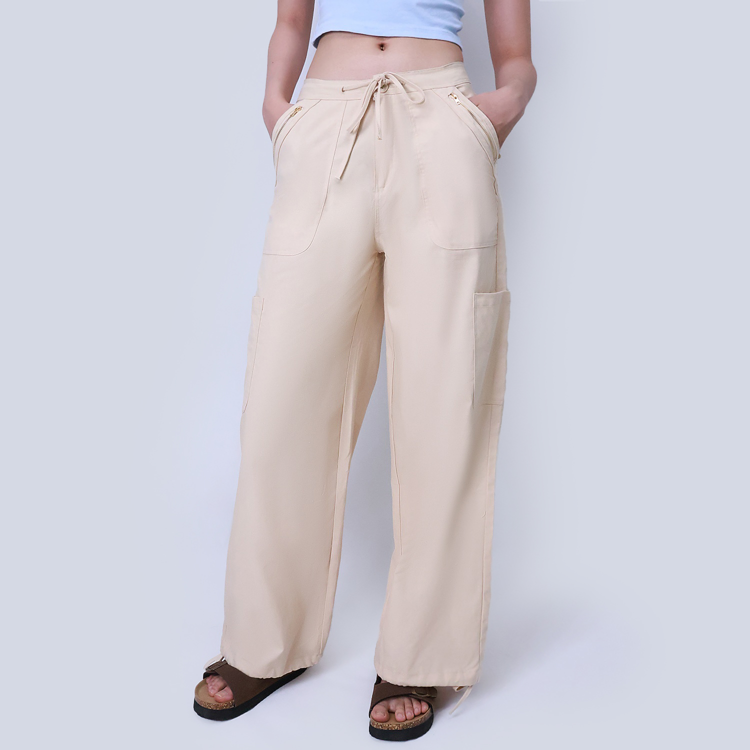 Pwest Women's Adjustable Stretchy Linen-Blend Wide-Leg Cargo Pant