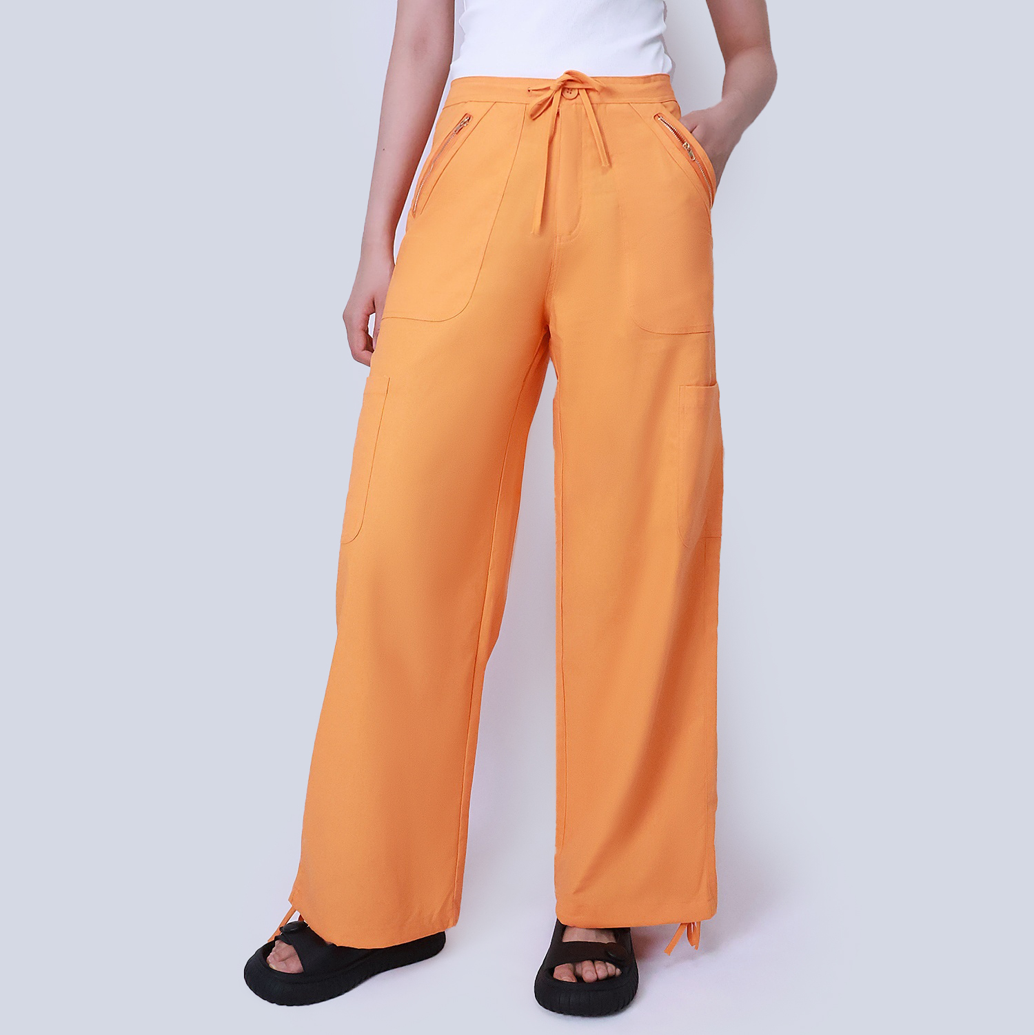 Pwest Women's Adjustable Stretchy Linen-Blend Wide-Leg Cargo Pant