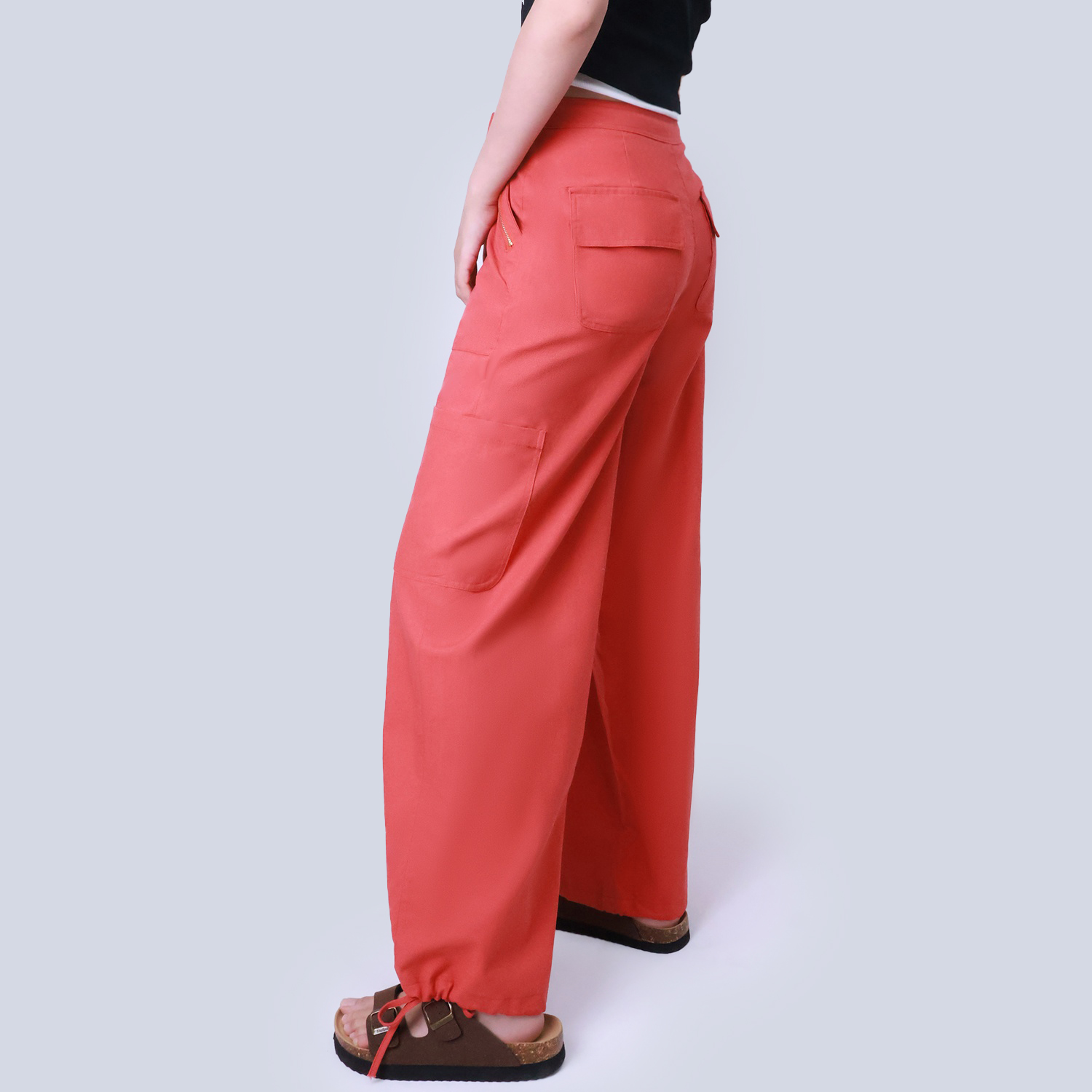 Pwest Women's Adjustable Stretchy Linen-Blend Wide-Leg Cargo Pant