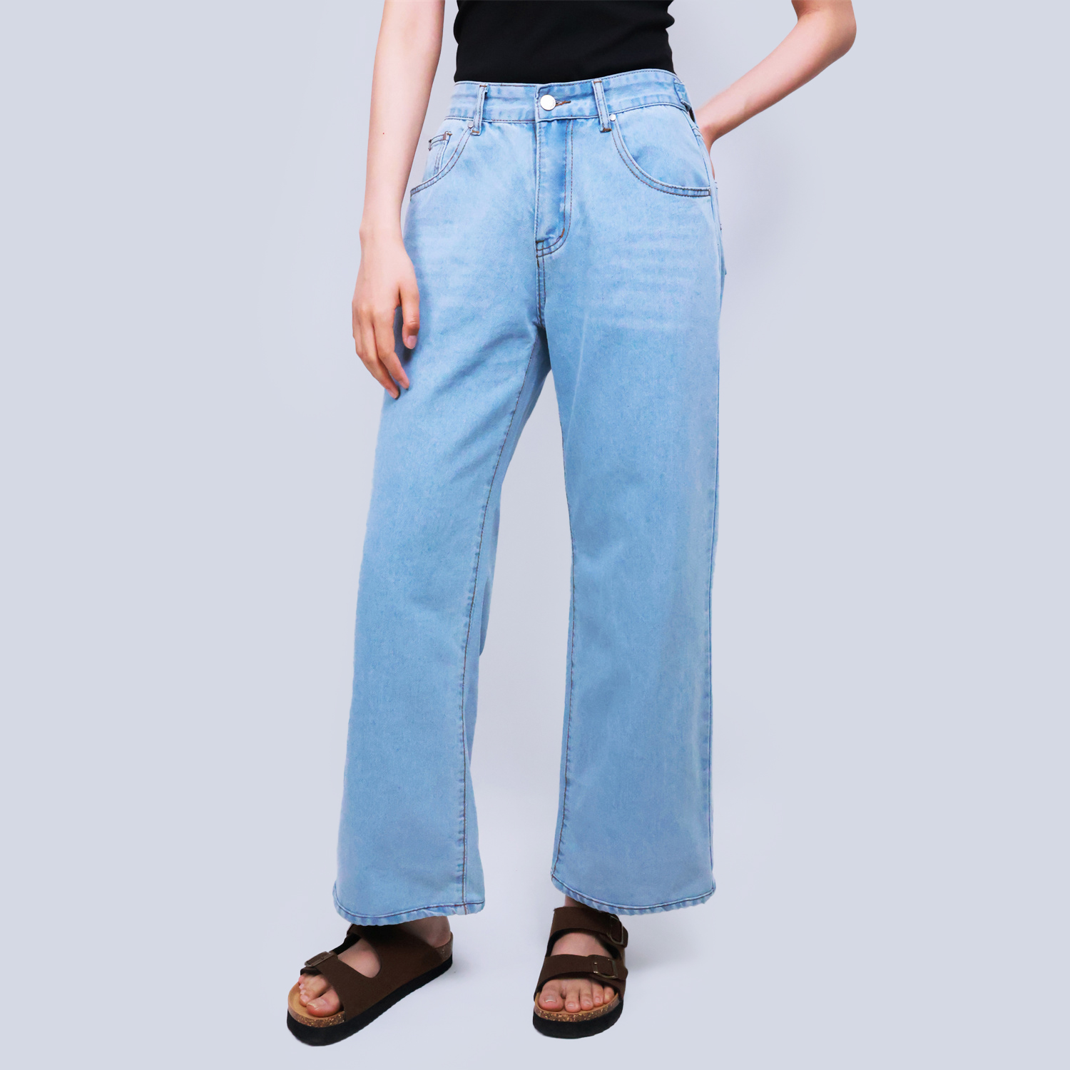 Pwest High Rise Womens Adjustable Button Casual Cinch Baggy Straight Leg Jeans