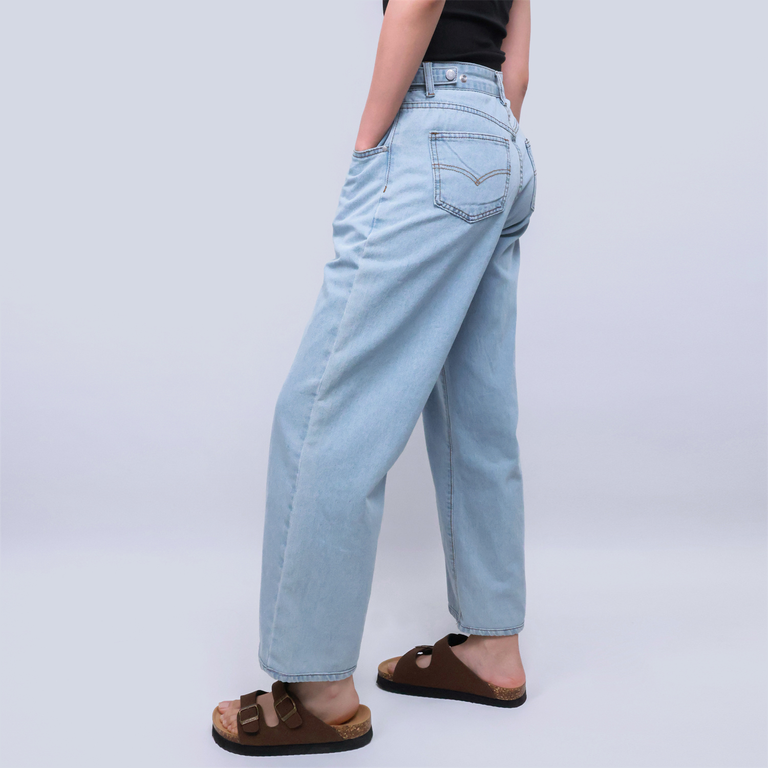 Pwest High Rise Womens Adjustable Button Casual Cinch Baggy Straight Leg Jeans