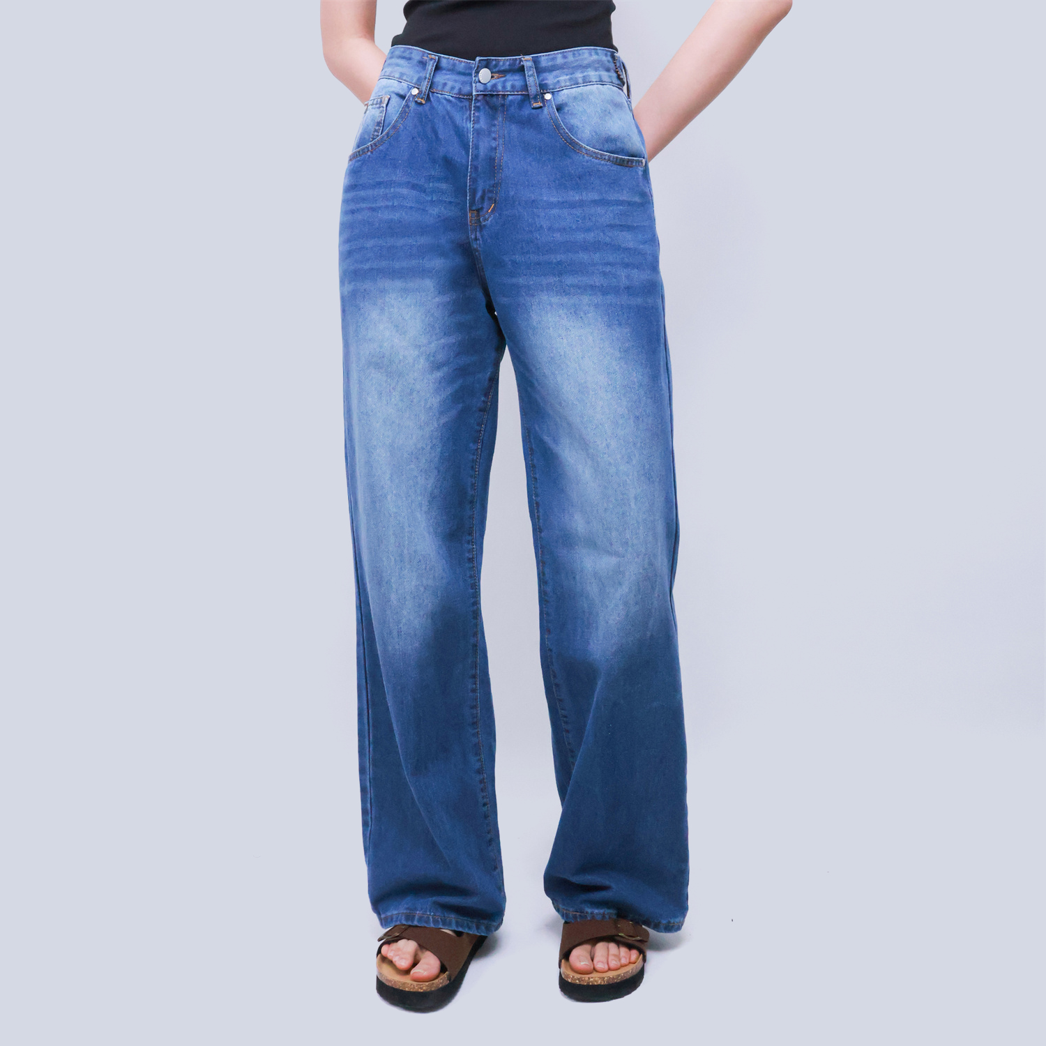 Pwest High Rise Womens Adjustable Button Casual Cinch Baggy Straight Leg Jeans