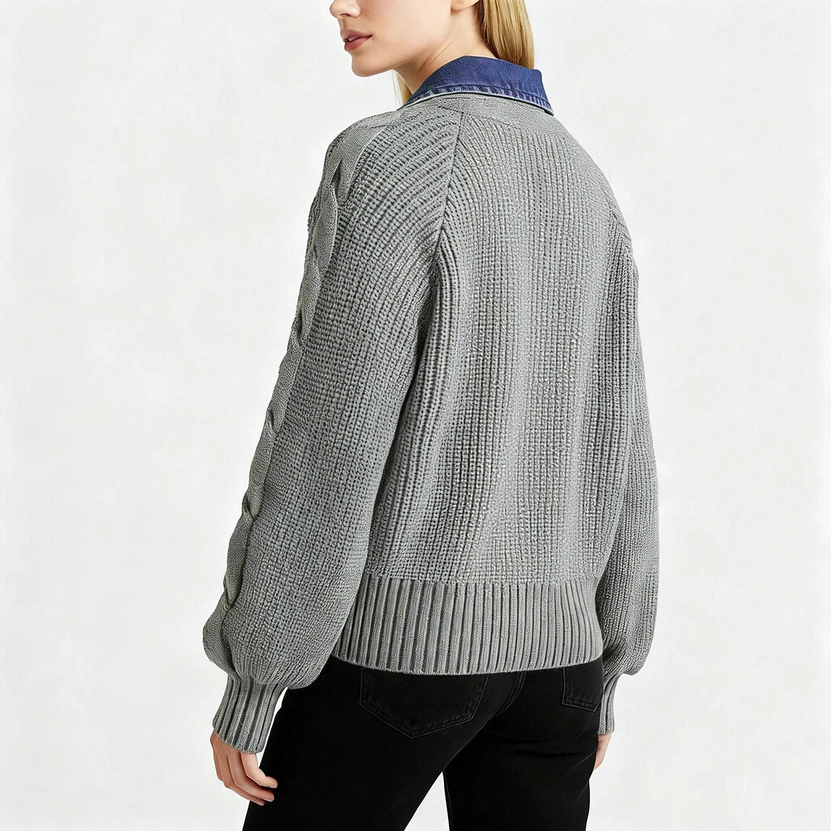 Denim Panel Ribbed Lapel Sweater (Buy 2 Free Shipping)