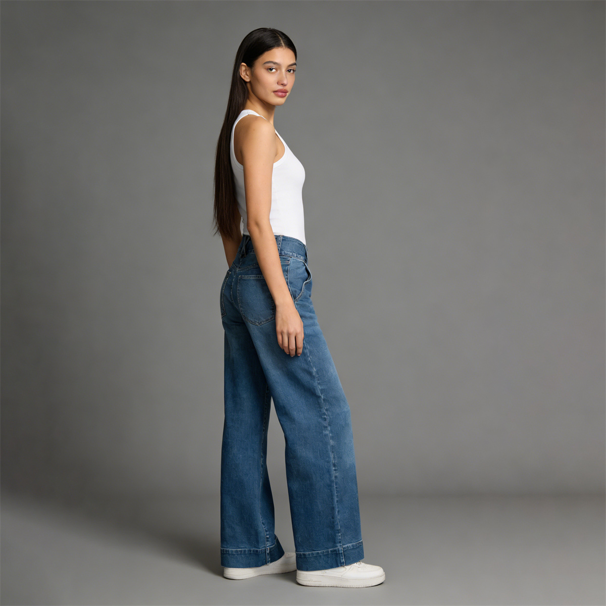 Pwest High Rise Double Button Wide Leg Jeans