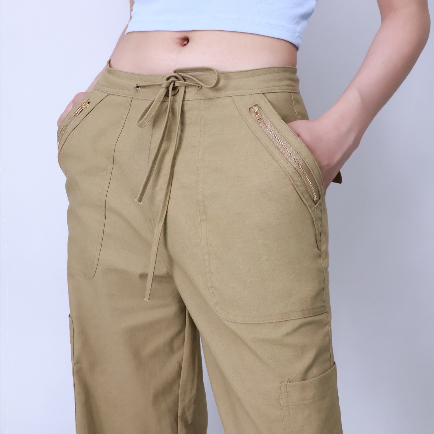 Pwest Women's Adjustable Stretchy Linen-Blend Wide-Leg Cargo Pant