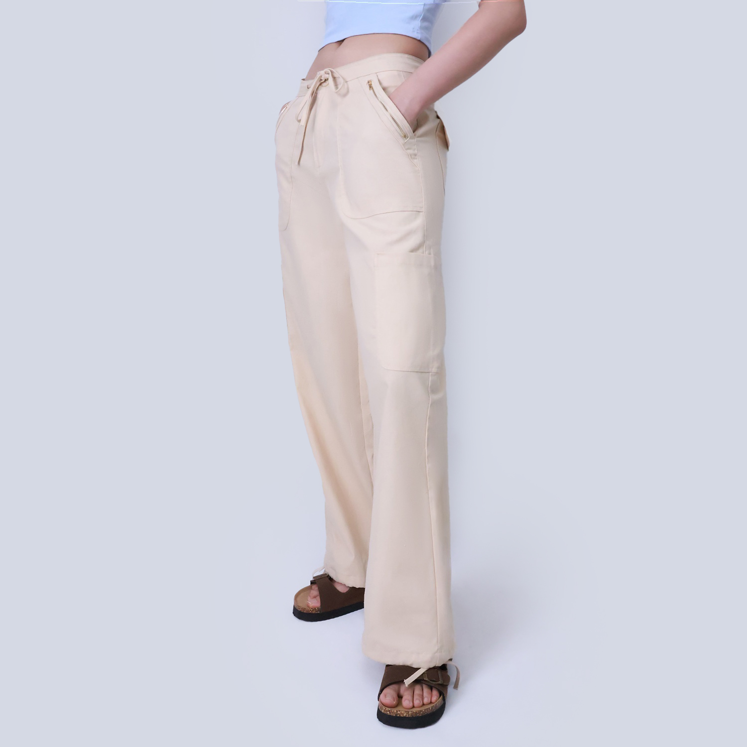 Pwest Women's Adjustable Stretchy Linen-Blend Wide-Leg Cargo Pant