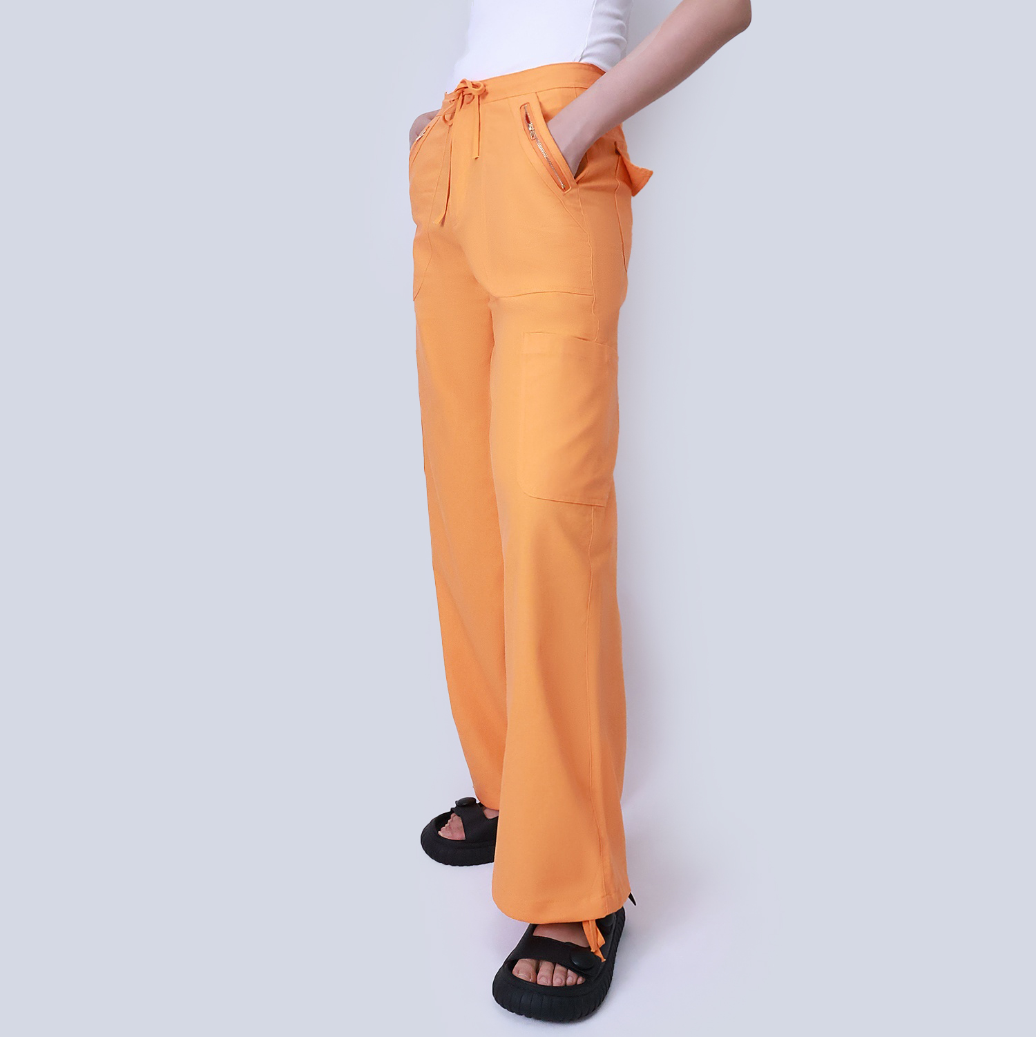 Pwest Women's Adjustable Stretchy Linen-Blend Wide-Leg Cargo Pant