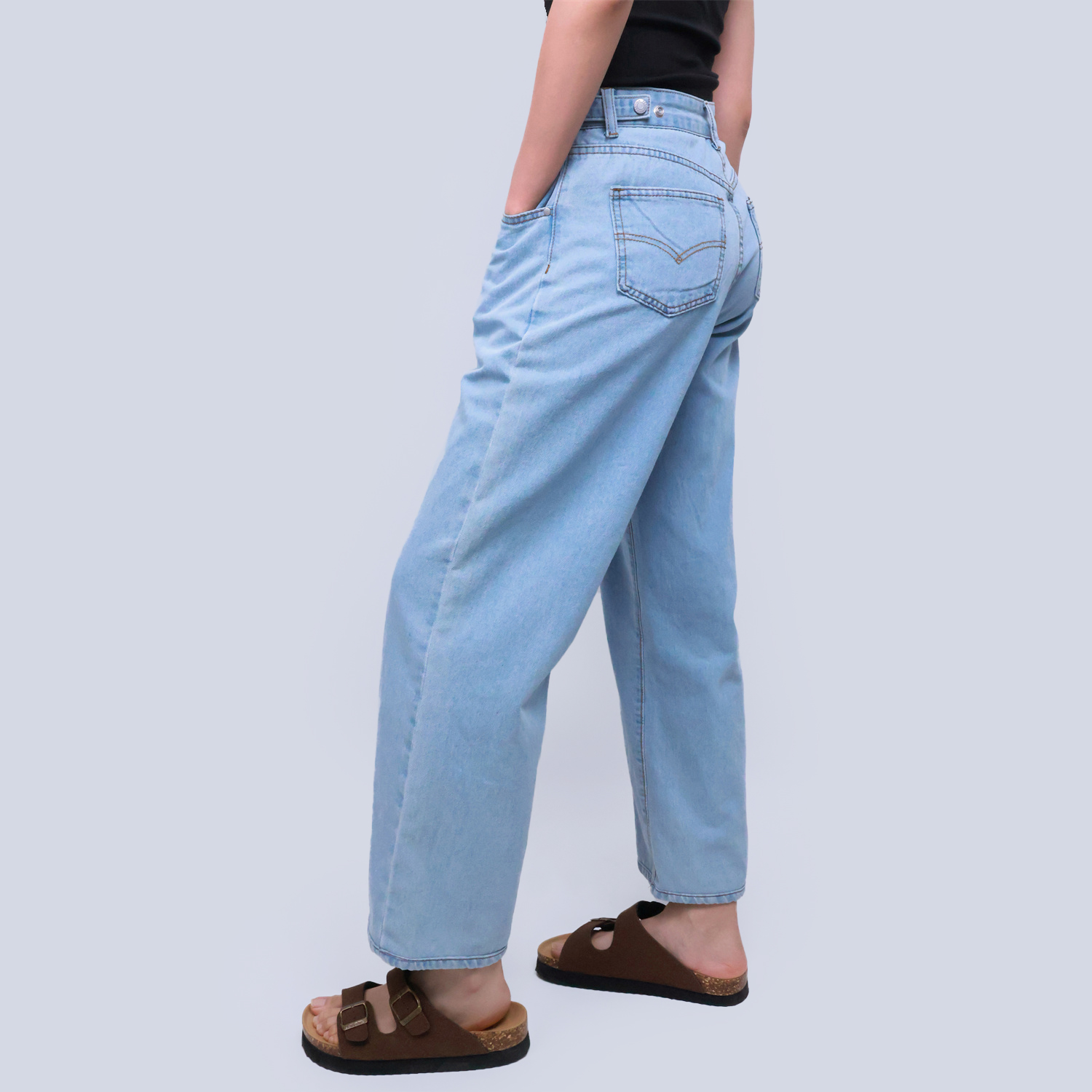 Pwest High Rise Womens Adjustable Button Casual Cinch Baggy Straight Leg Jeans