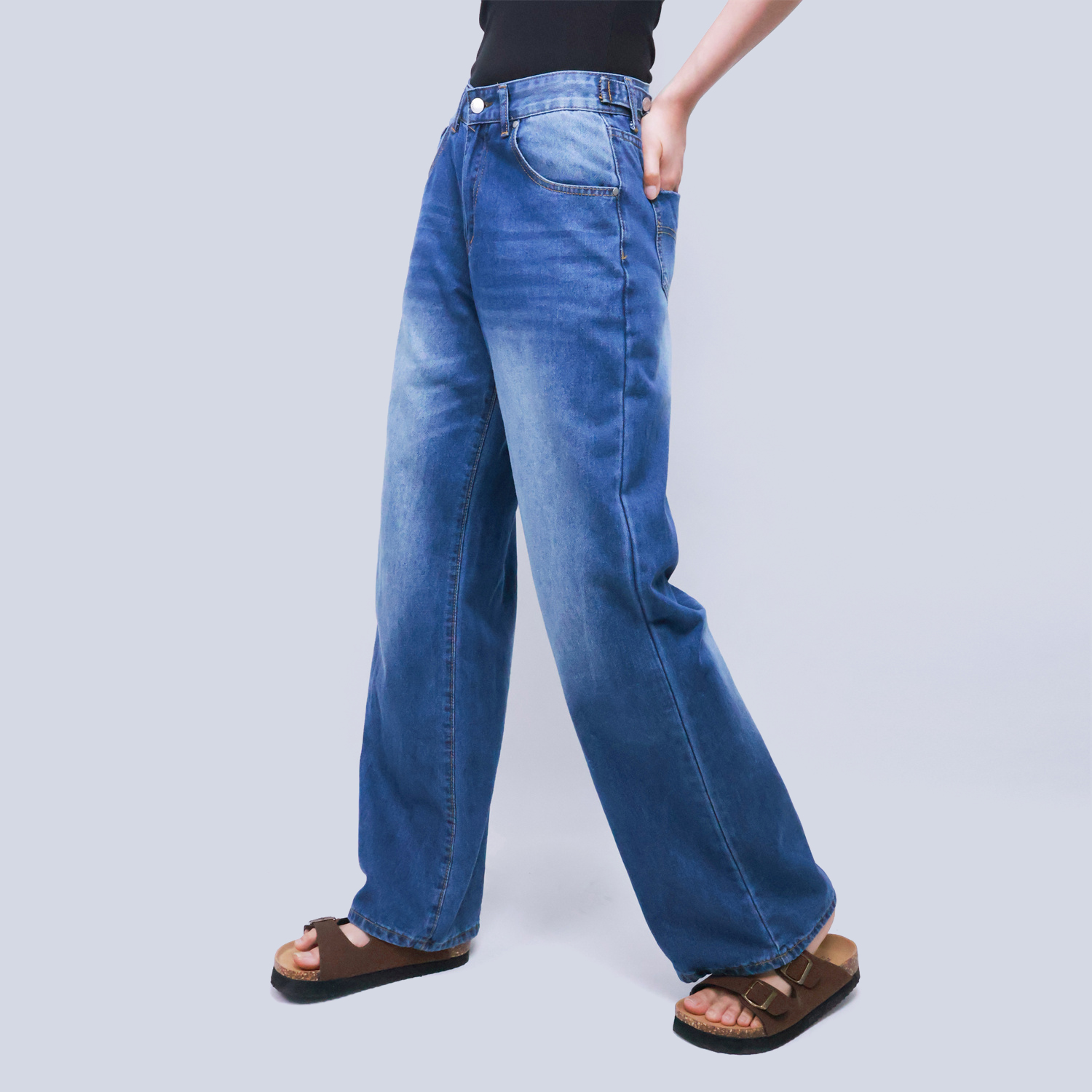 Pwest High Rise Womens Adjustable Button Casual Cinch Baggy Straight Leg Jeans