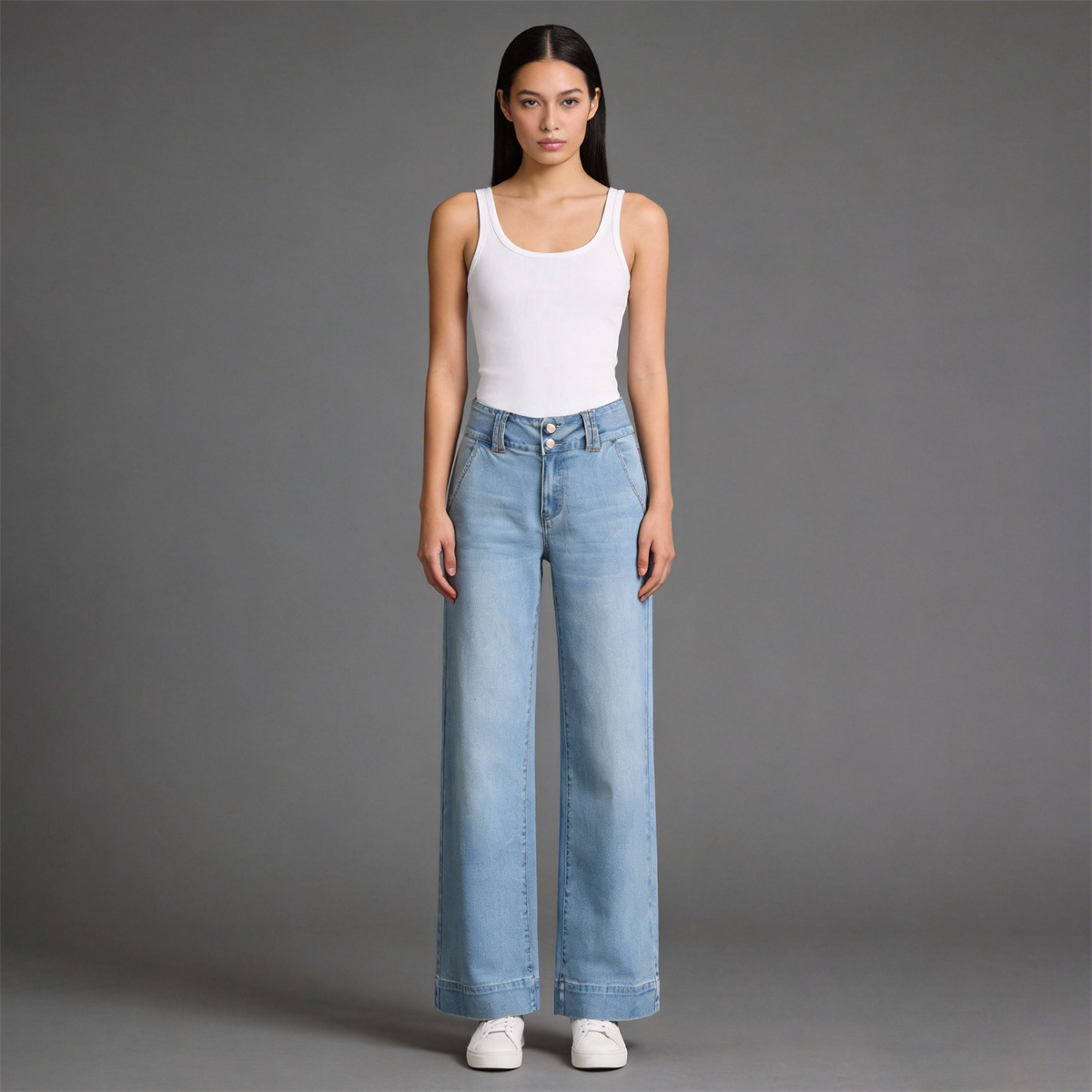 Pwest High Rise Double Button Wide Leg Jeans