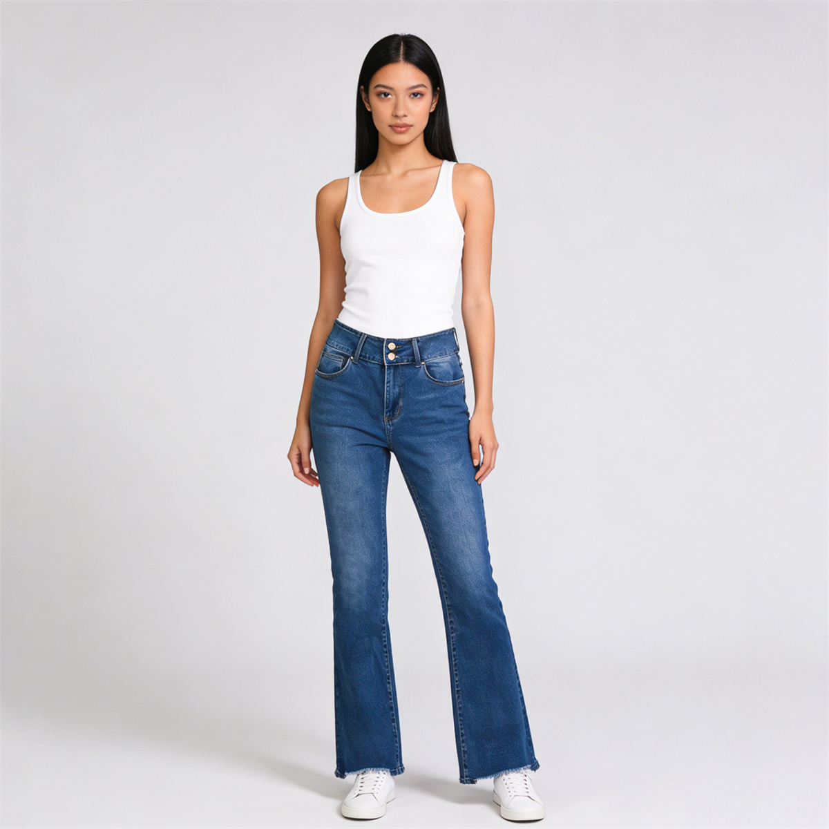 Pwest Vintage Double Button Frayed Hem Bootcut Jeans 