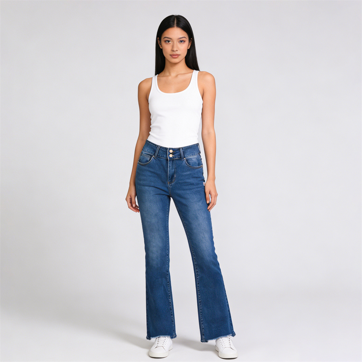 Pwest Vintage Double Button Frayed Hem Bootcut Jeans 