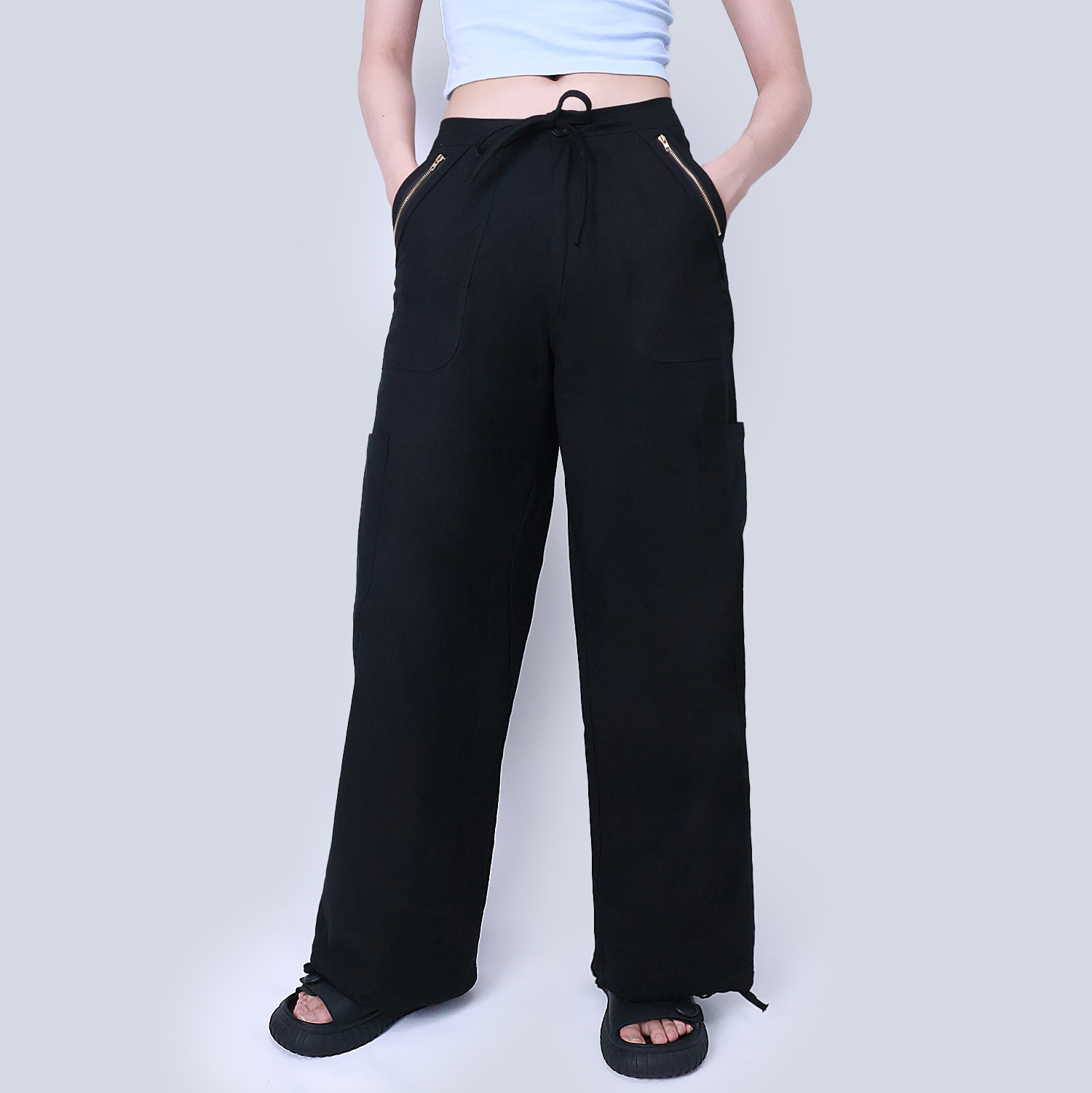 Pwest Women's Adjustable Stretchy Linen-Blend Wide-Leg Cargo Pant