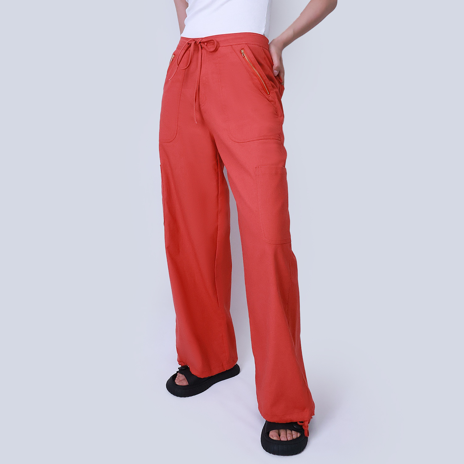 Pwest Women's Adjustable Stretchy Linen-Blend Wide-Leg Cargo Pant