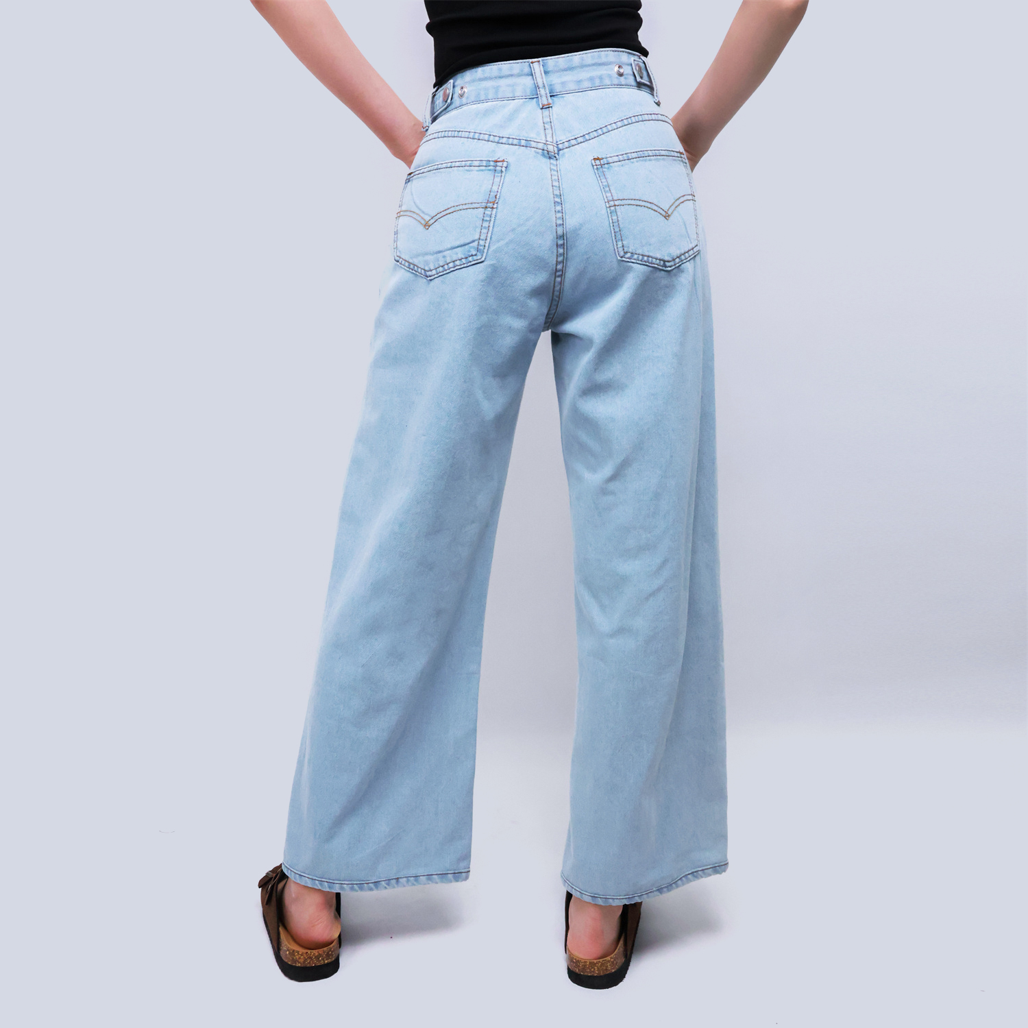 Pwest High Rise Womens Adjustable Button Casual Cinch Baggy Straight Leg Jeans