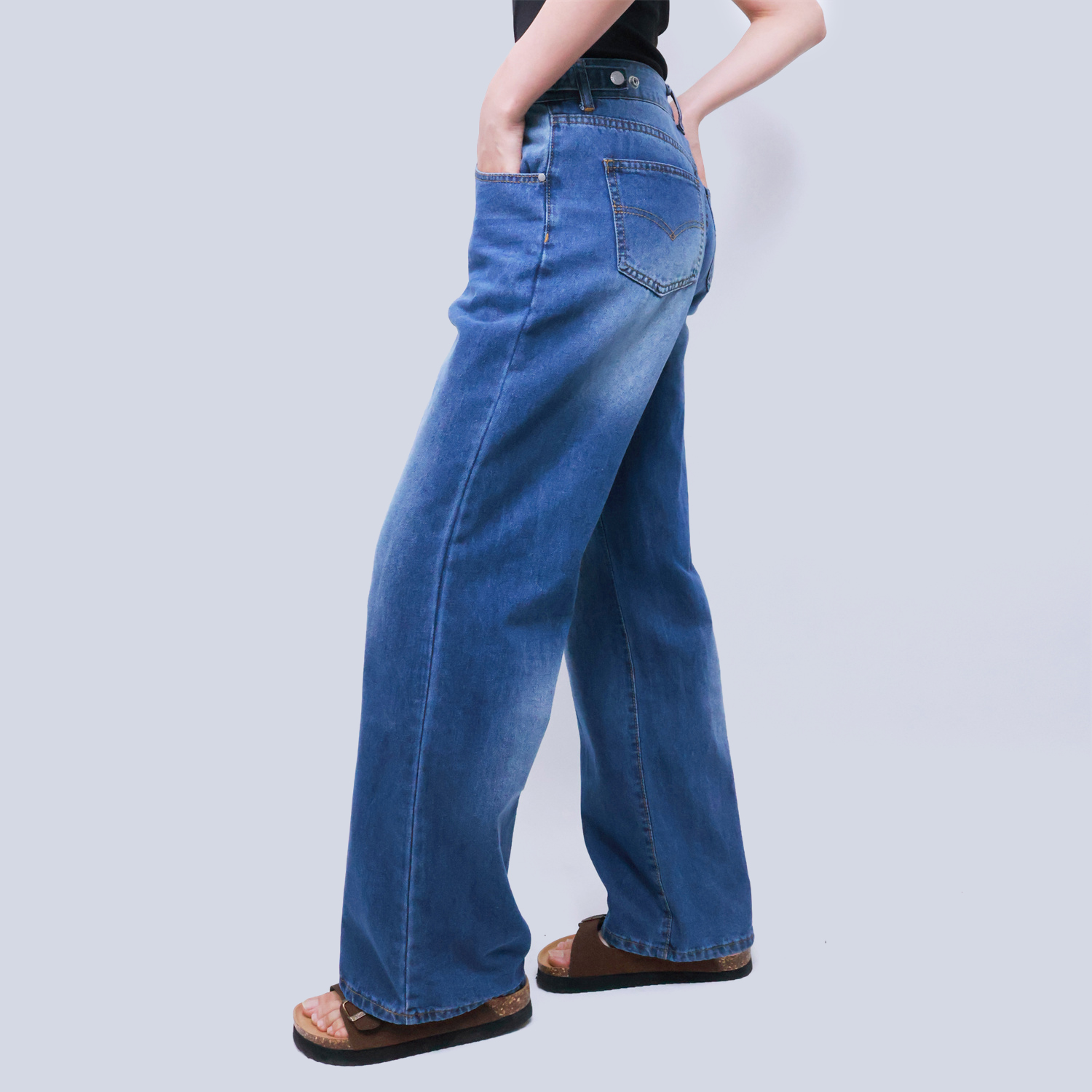 Pwest High Rise Womens Adjustable Button Casual Cinch Baggy Straight Leg Jeans