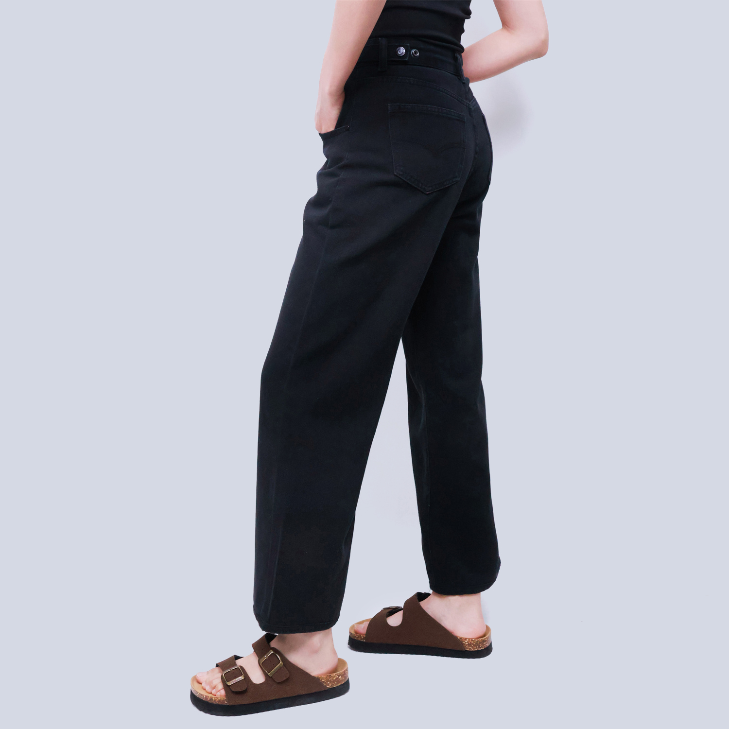 Pwest High Rise Womens Adjustable Button Casual Cinch Baggy Straight Leg Jeans