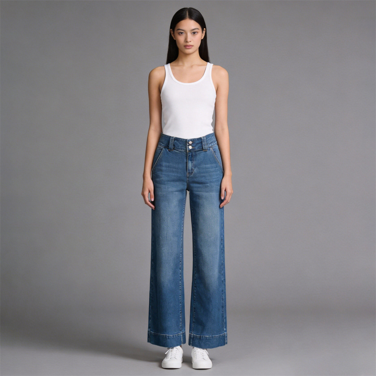 Pwest High Rise Double Button Wide Leg Jeans