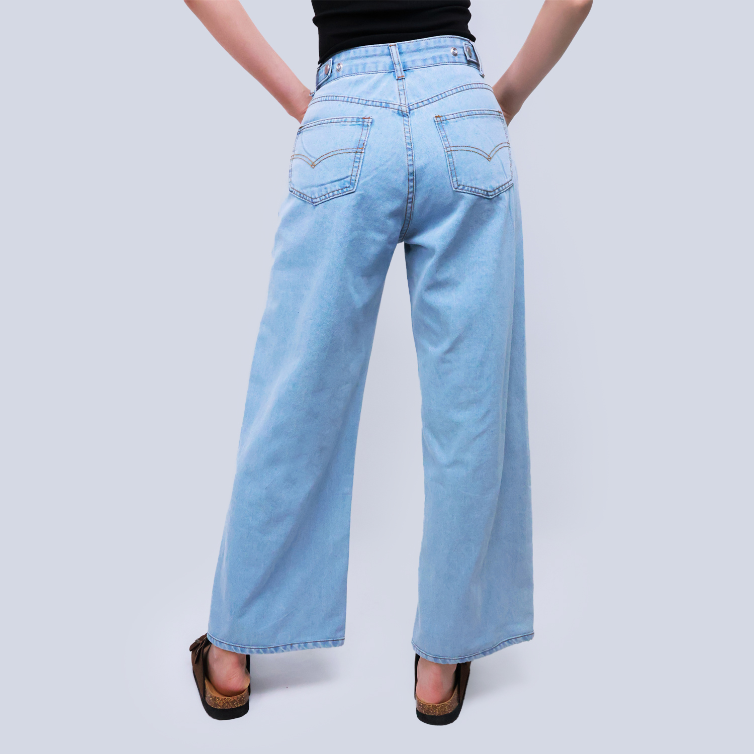 Pwest High Rise Womens Adjustable Button Casual Cinch Baggy Straight Leg Jeans