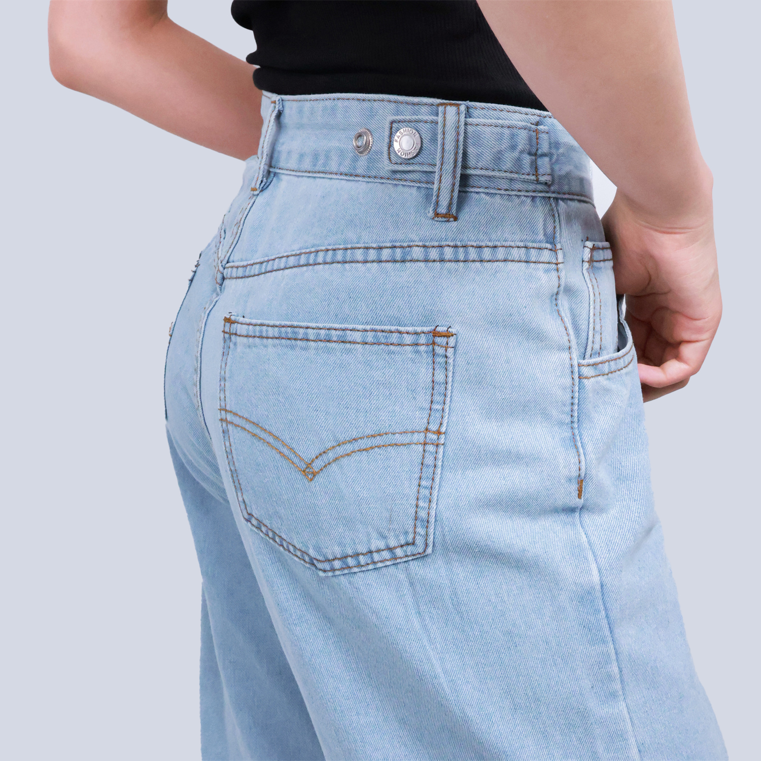 Pwest High Rise Womens Adjustable Button Casual Cinch Baggy Straight Leg Jeans