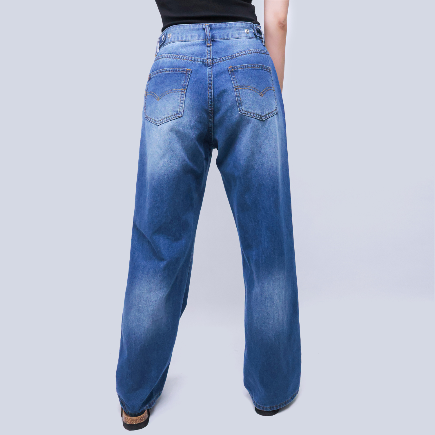 Pwest High Rise Womens Adjustable Button Casual Cinch Baggy Straight Leg Jeans