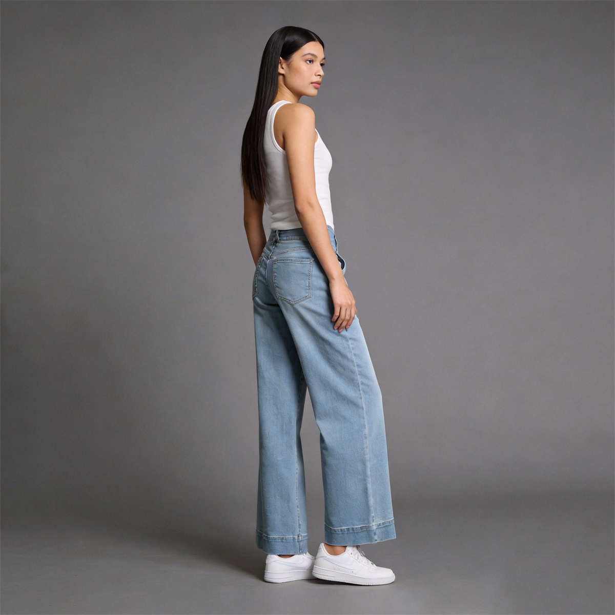 Pwest High Rise Double Button Wide Leg Jeans