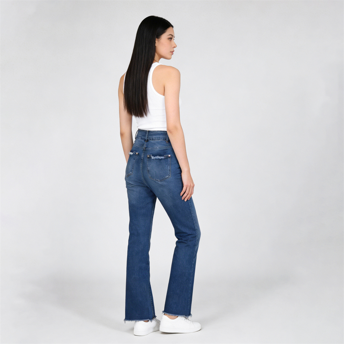 Pwest Vintage Double Button Frayed Hem Bootcut Jeans 