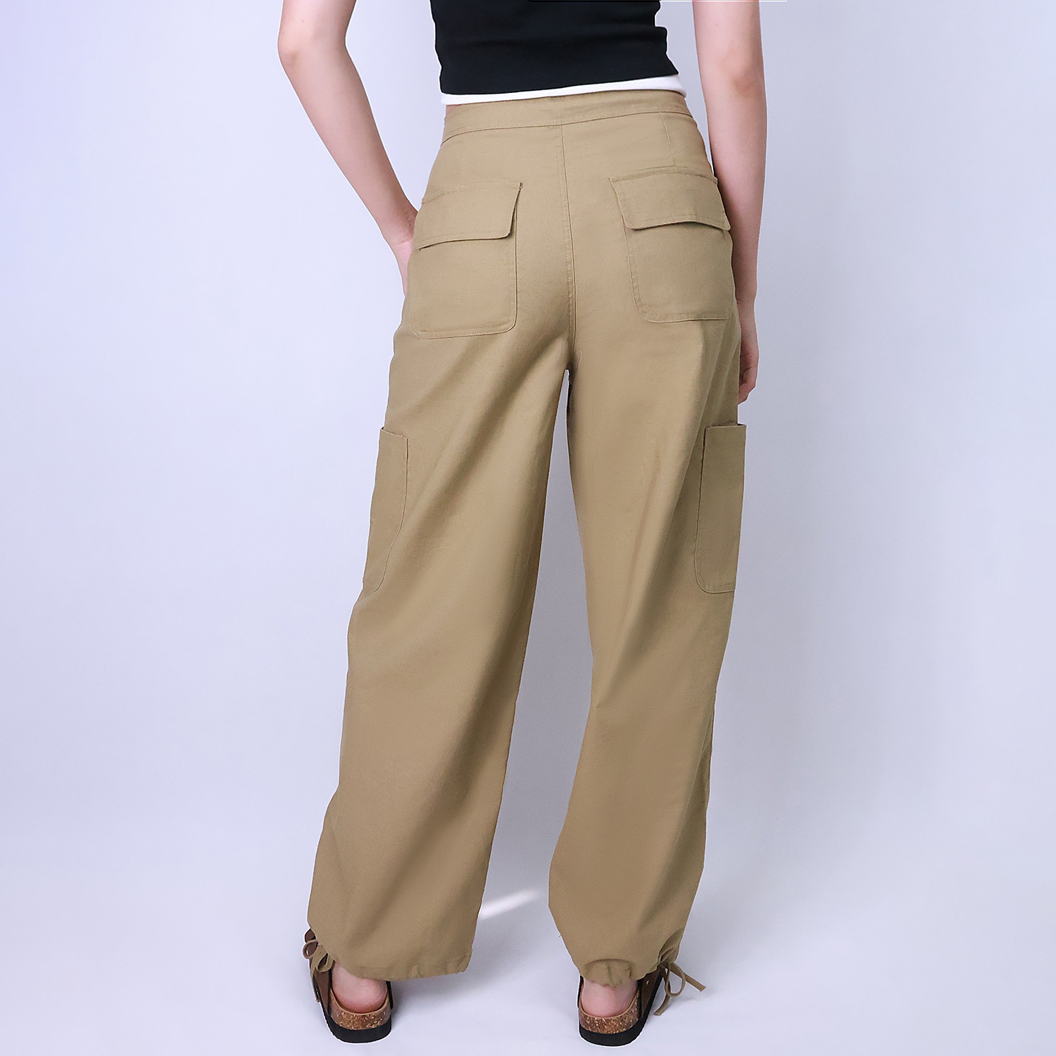 Pwest Women's Adjustable Stretchy Linen-Blend Wide-Leg Cargo Pant