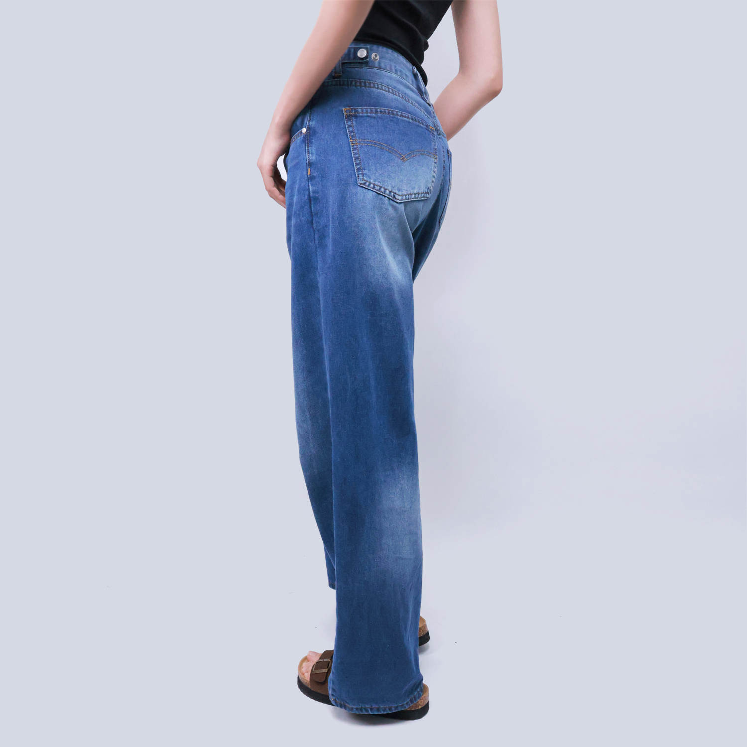 Pwest High Rise Womens Adjustable Button Casual Cinch Baggy Straight Leg Jeans