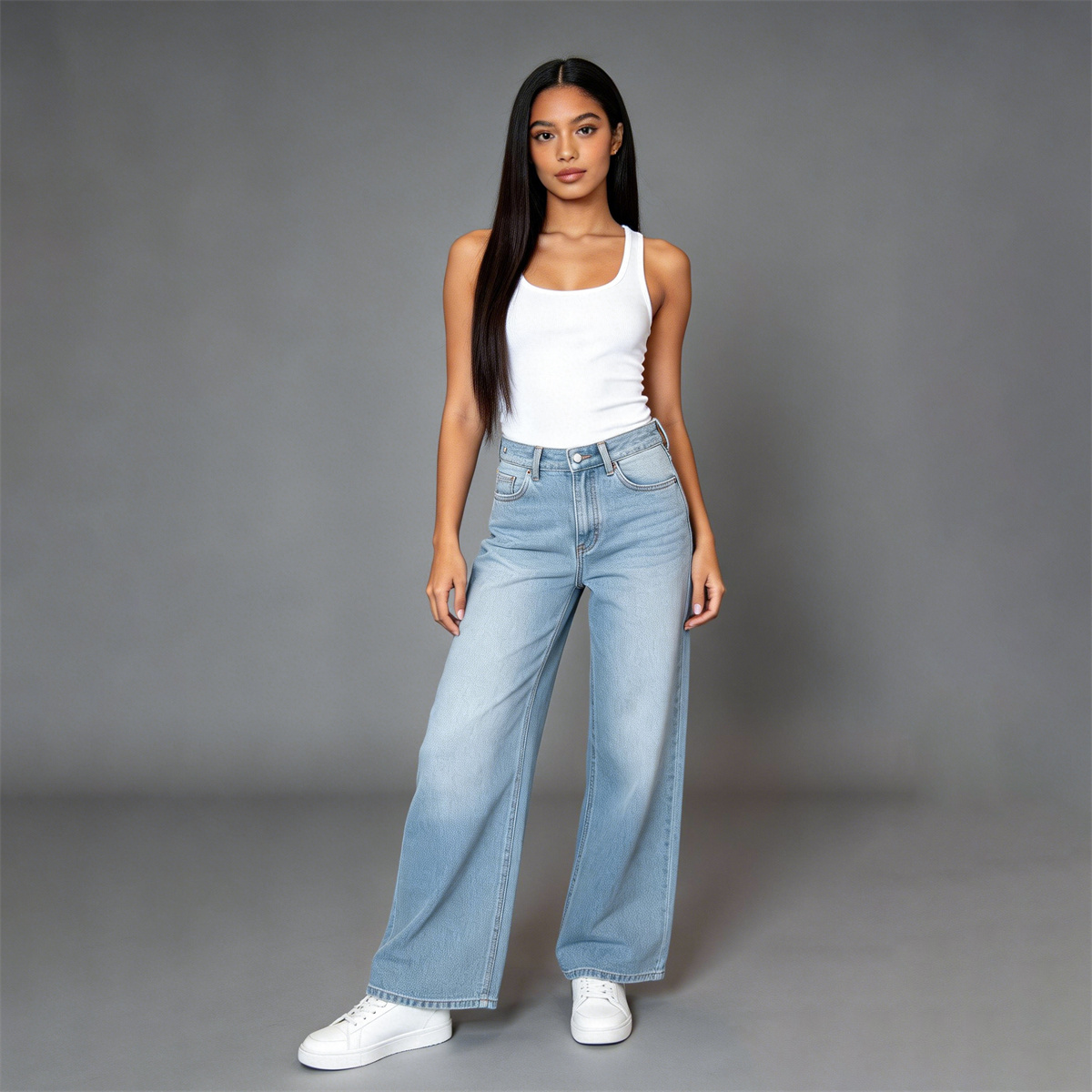 Pwest Adjustable Button Cinch Baggy Straight Leg Jeans