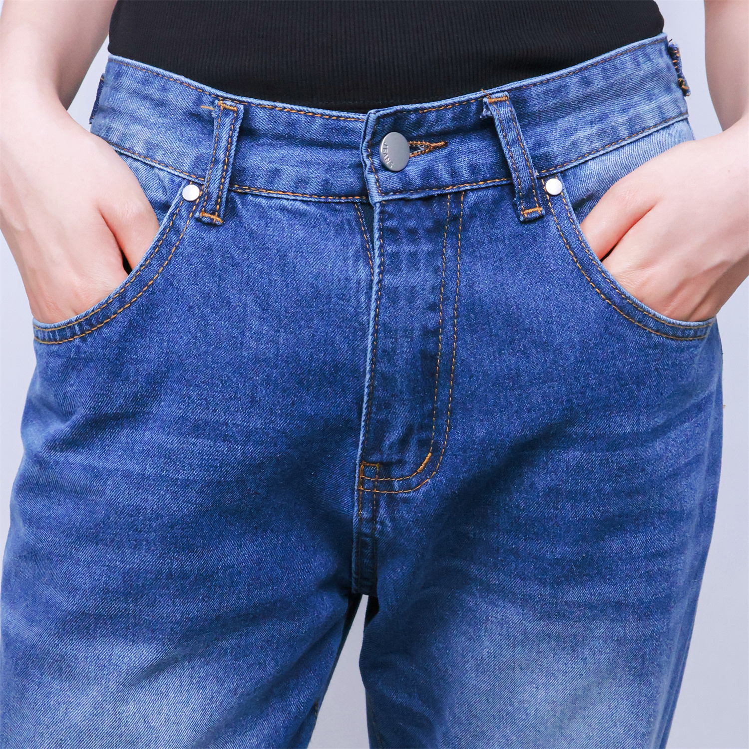 Pwest High Rise Womens Adjustable Button Casual Cinch Baggy Straight Leg Jeans