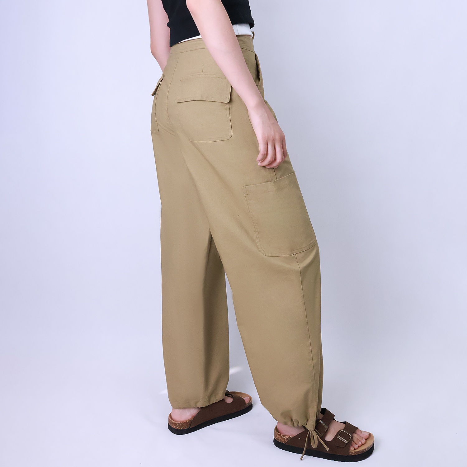 Pwest Women's Adjustable Stretchy Linen-Blend Wide-Leg Cargo Pant