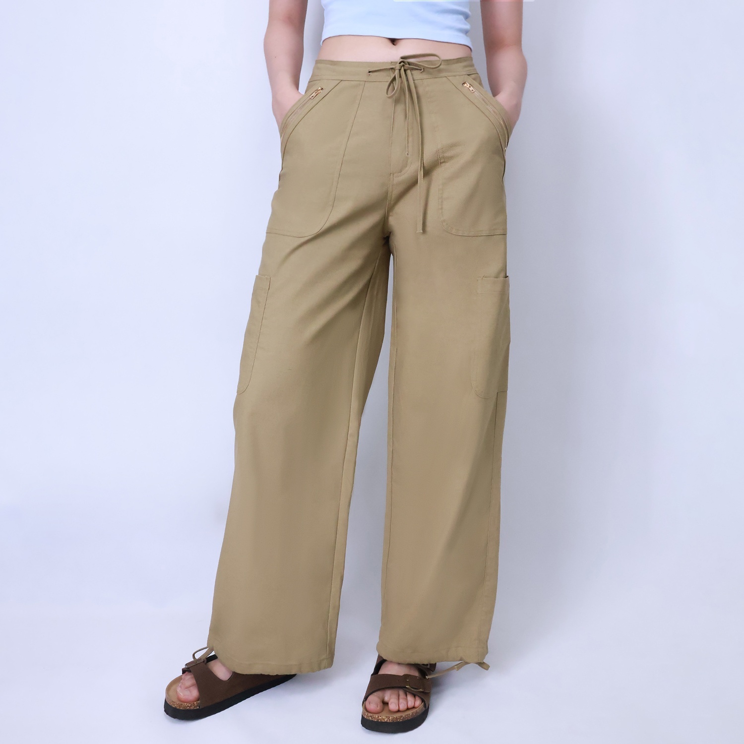 Pwest Women's Adjustable Stretchy Linen-Blend Wide-Leg Cargo Pant