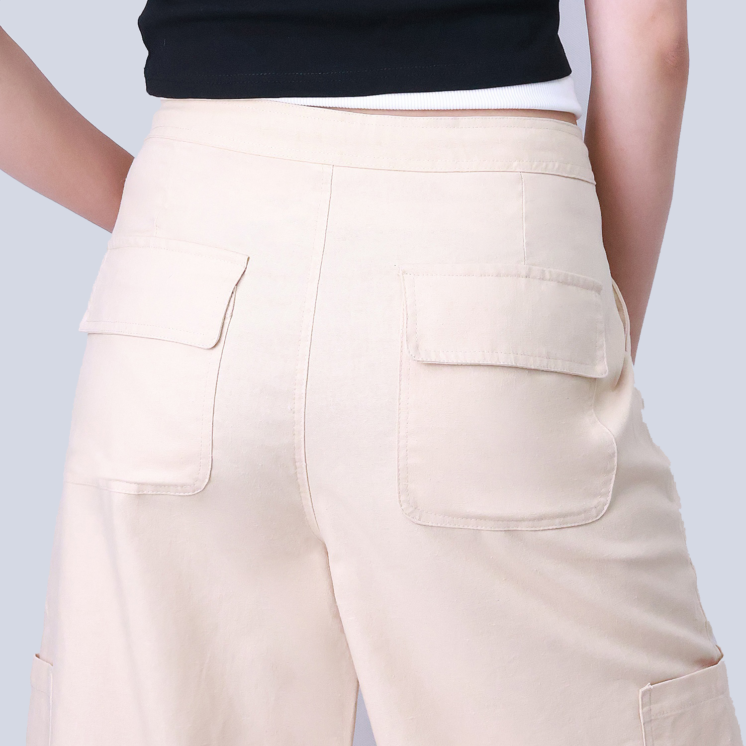 Pwest Women's Adjustable Stretchy Linen-Blend Wide-Leg Cargo Pant