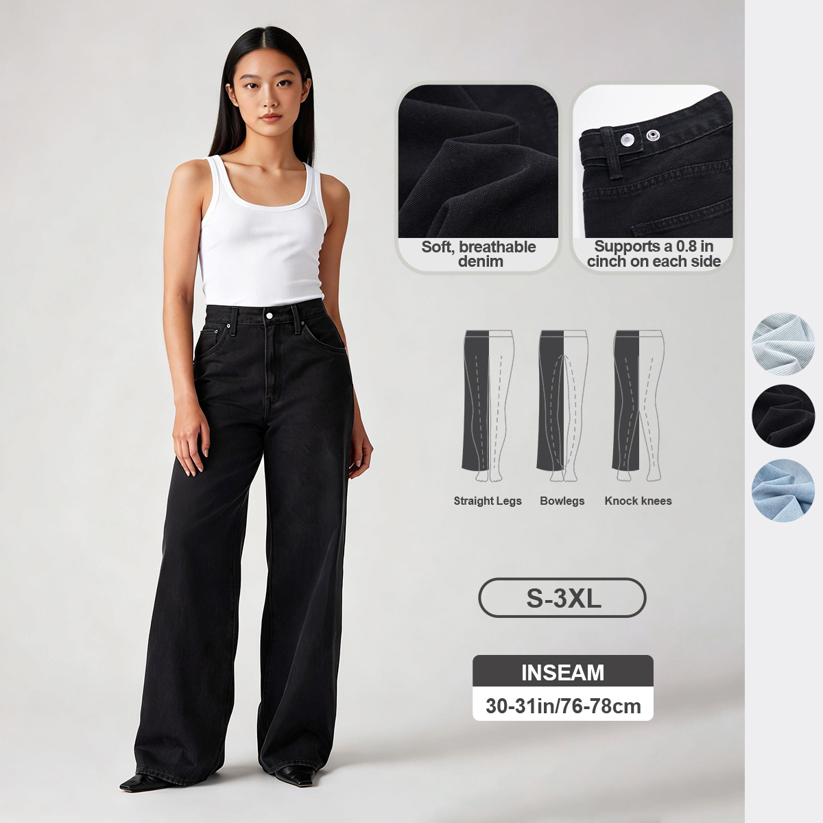 Pwest Adjustable Button Cinch Baggy Straight Leg Jeans