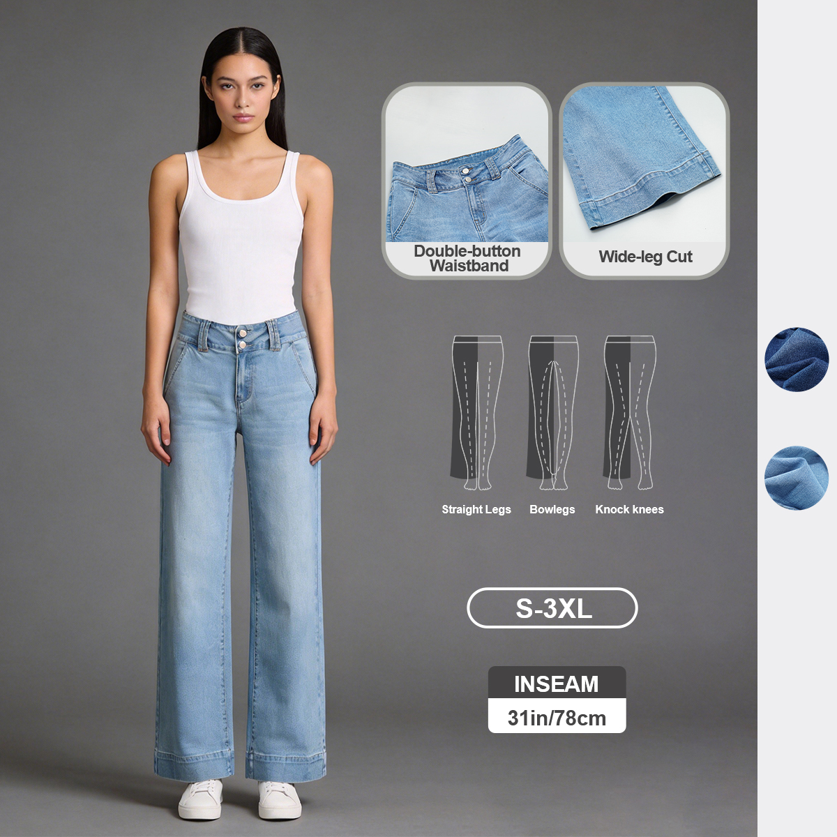 Pwest High Rise Double Button Wide Leg Jeans