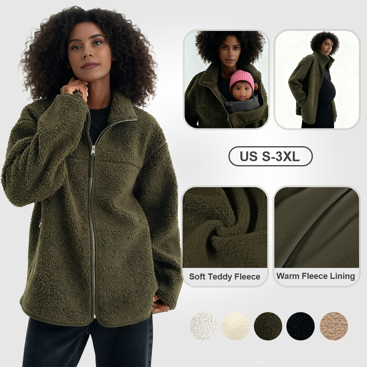 Pwest MAMA Women Before & After Babywearing Fleece Jacket -Dark Green