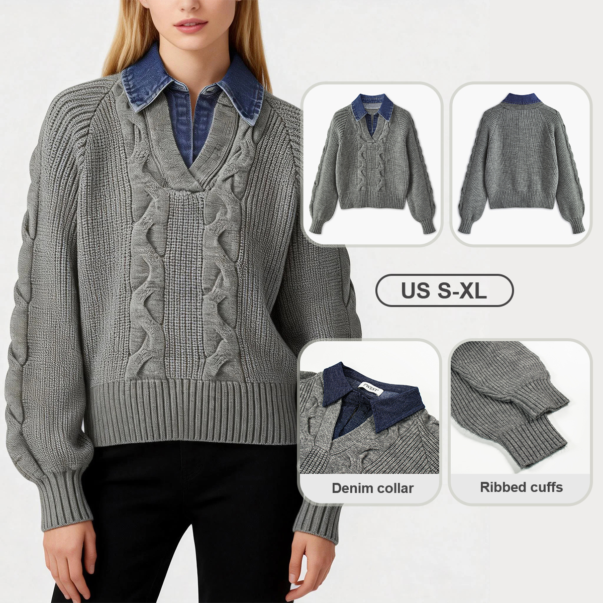 Denim Panel Ribbed Lapel Sweater (Buy 2 Free Shipping)