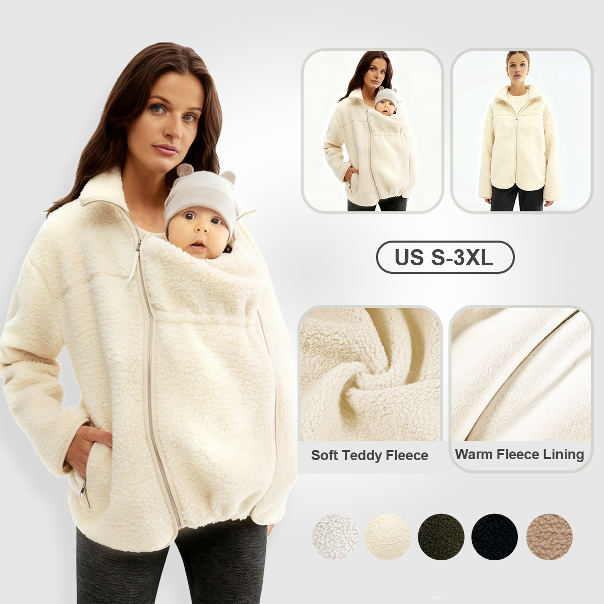 Pwest MAMA Women Before & After Babywearing Fleece Jacket-Cream