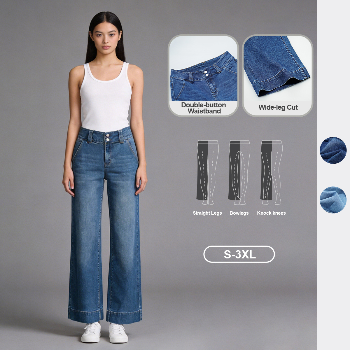 Pwest High Rise Double Button Wide Leg Jeans