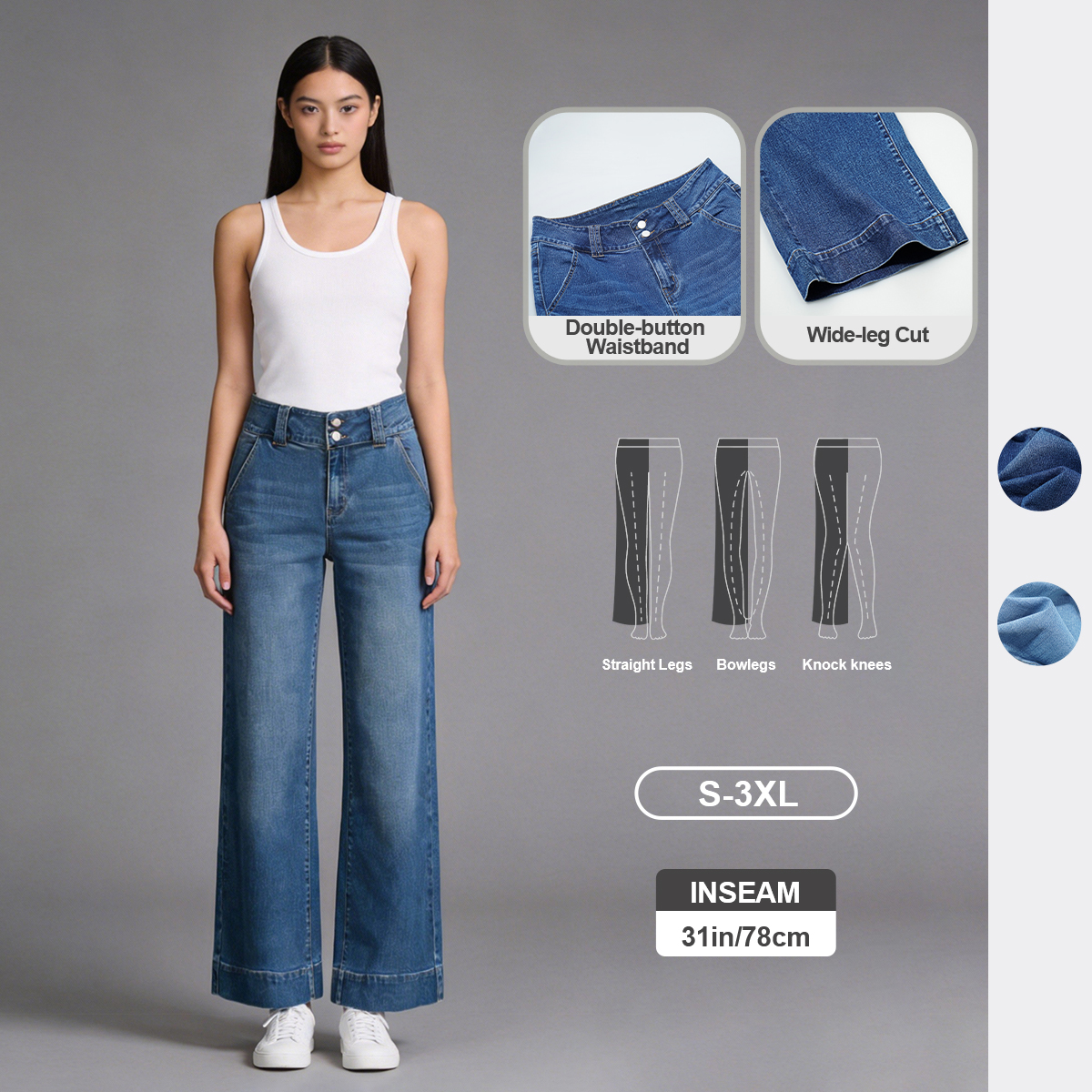 Pwest High Rise Double Button Wide Leg Jeans